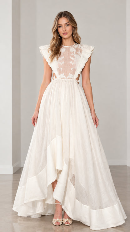 Ivory embroidered illusion bodice cut-out maxi gown front view