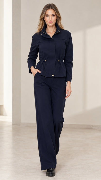 Front view of model wearing Navy Blue utility jacket and wide-leg pants set