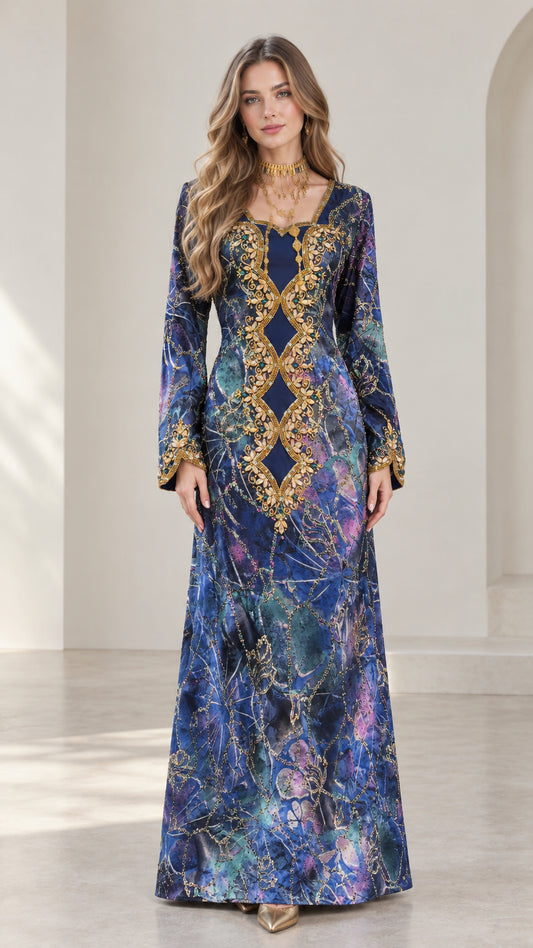 Front full-length view of royal blue embroidered kaftan maxi dress with gold beadwork