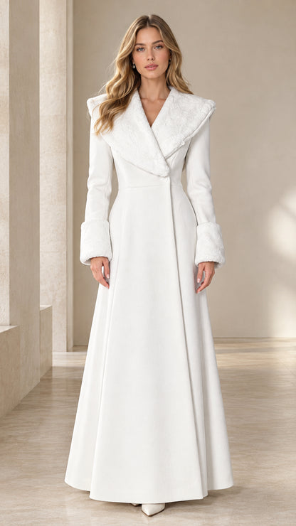 Front full view of white floor-length shawl collar maxi coat