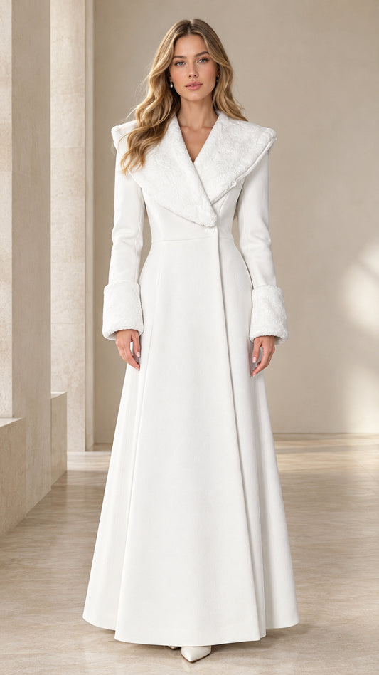 Front full view of white floor-length shawl collar maxi coat
