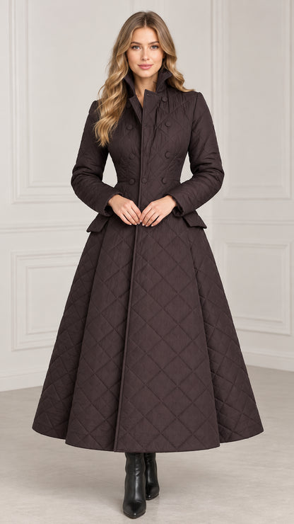 Full front view of model wearing dark brown diamond quilted A-line maxi coat