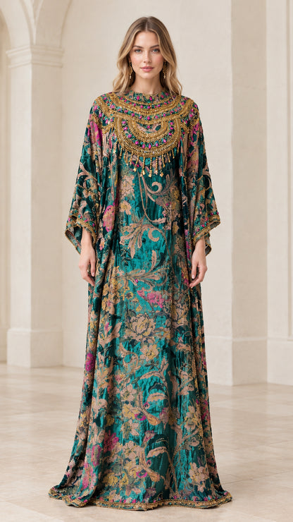 Front full-length view of model wearing the Emerald Green ornate beaded floral kaftan dress