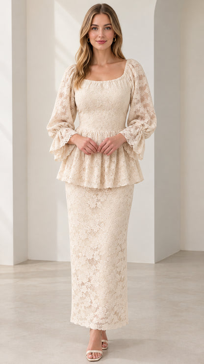 Model wearing Cream Floral Lace Square Neck Peplum Maxi Dress front view