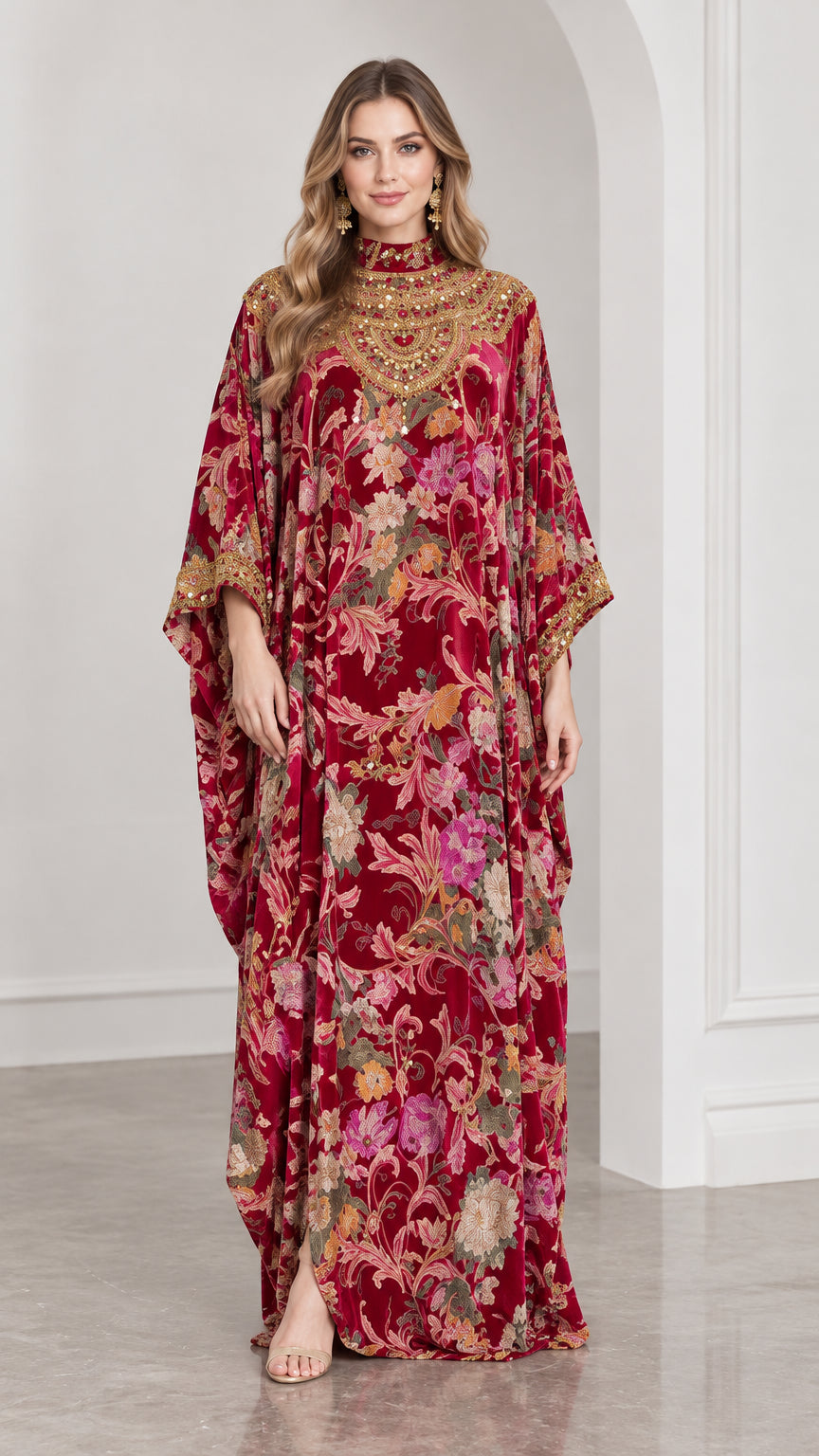 Front full-length view of model wearing burgundy floral velvet kaftan dress with embellished neckline