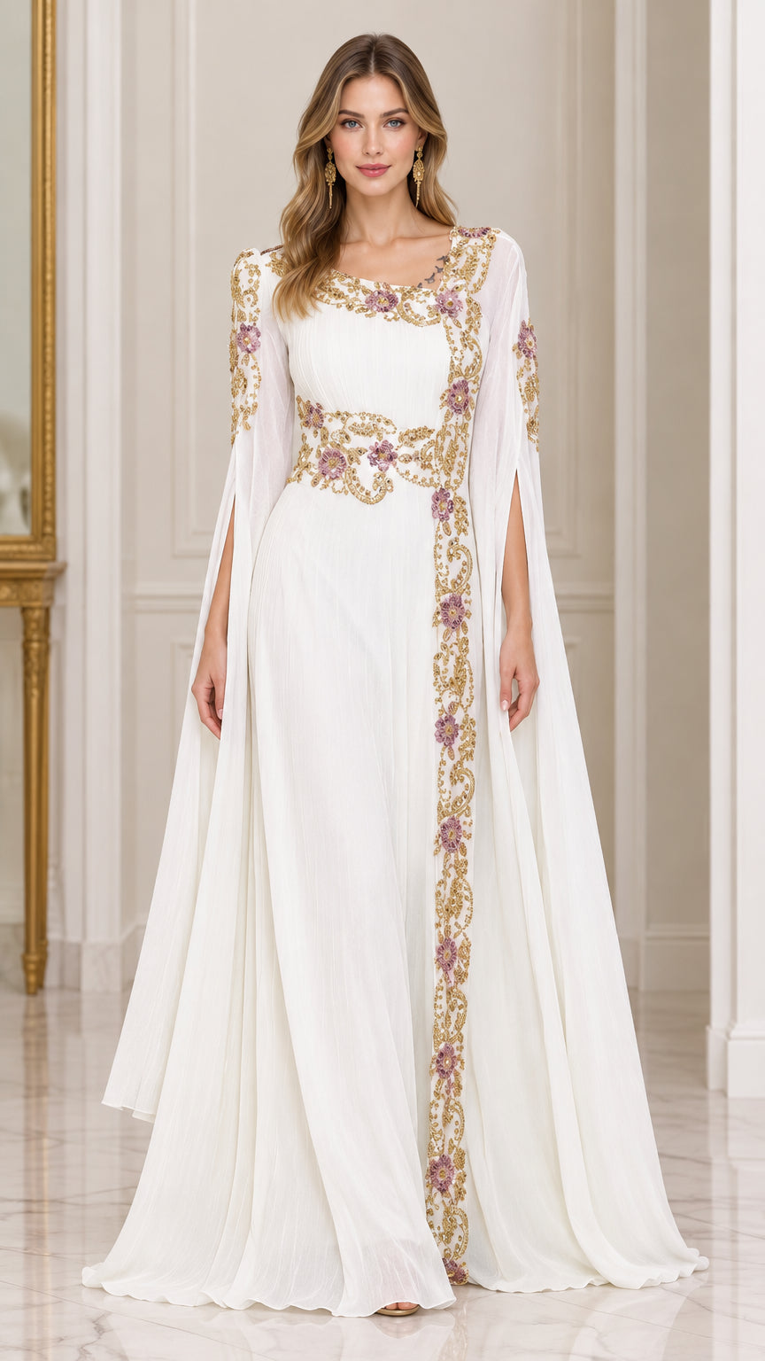 Front view of model wearing white embroidered split cape sleeve evening maxi dress