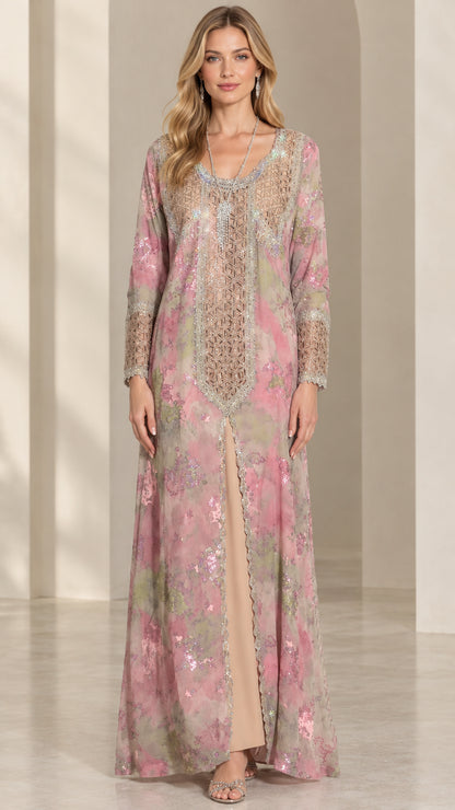 Front view of model wearing Blush Pink floral embroidered kaftan maxi dress