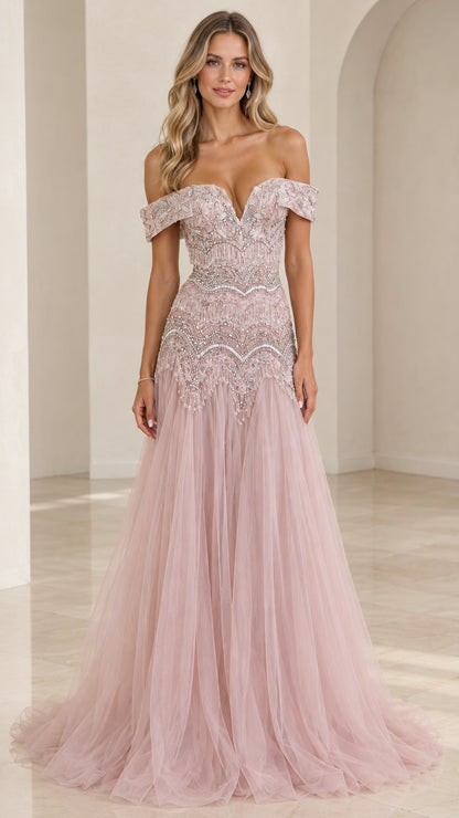 Dusty Pink off-the-shoulder beaded tulle evening gown front view