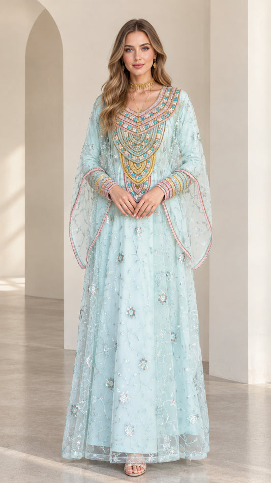 Full front view of elegant light blue embroidered kaftan dress with cape sleeves