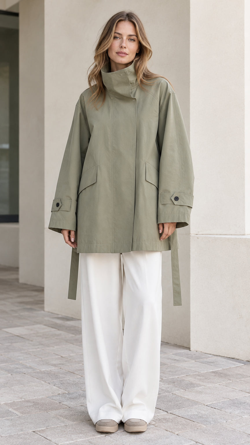 Front view of model wearing Sage Green high-neck belted trench jacket with white trousers