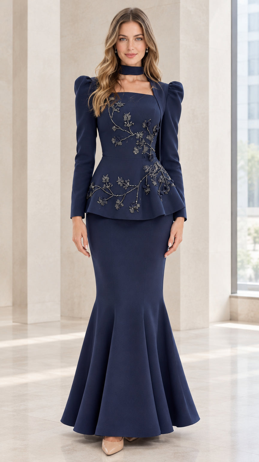 Front view of model wearing Navy Blue beaded peplum mermaid evening gown