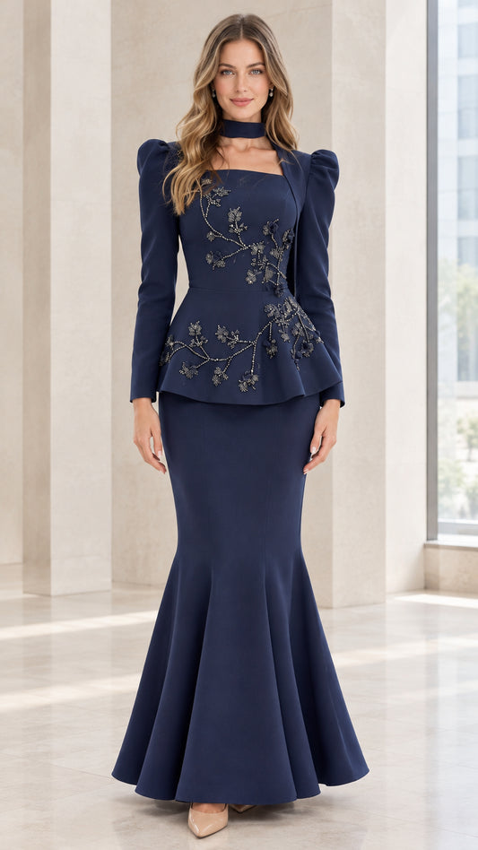 Front view of model wearing Navy Blue beaded peplum mermaid evening gown