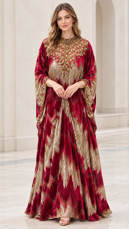 Front view of model wearing Burgundy embellished velvet kaftan maxi dress