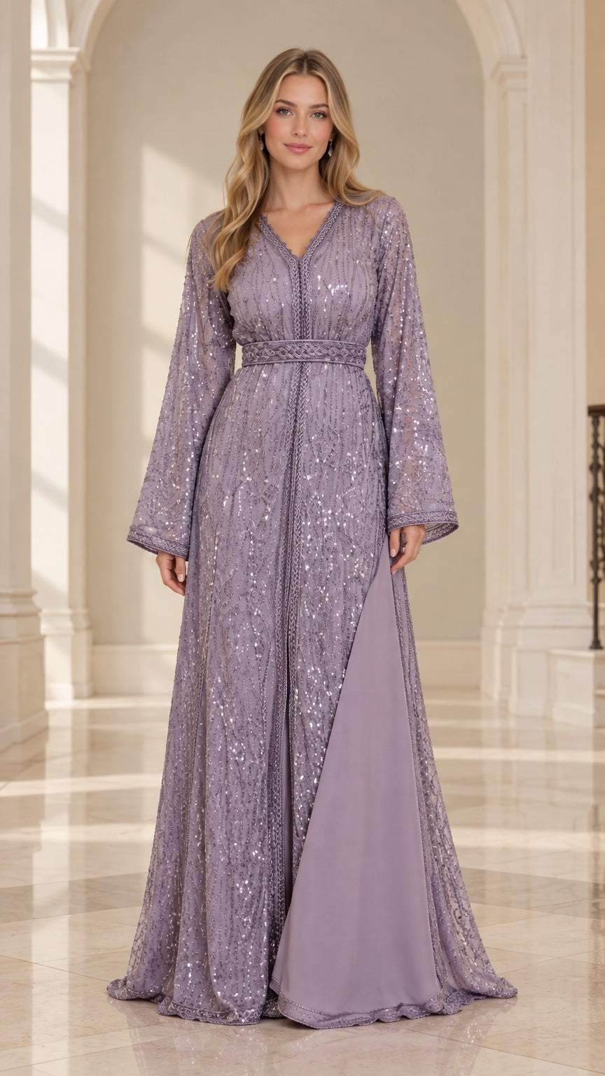 Front full-length view of woman wearing Lilac sequin embroidered kaftan maxi dress with flared sleeves