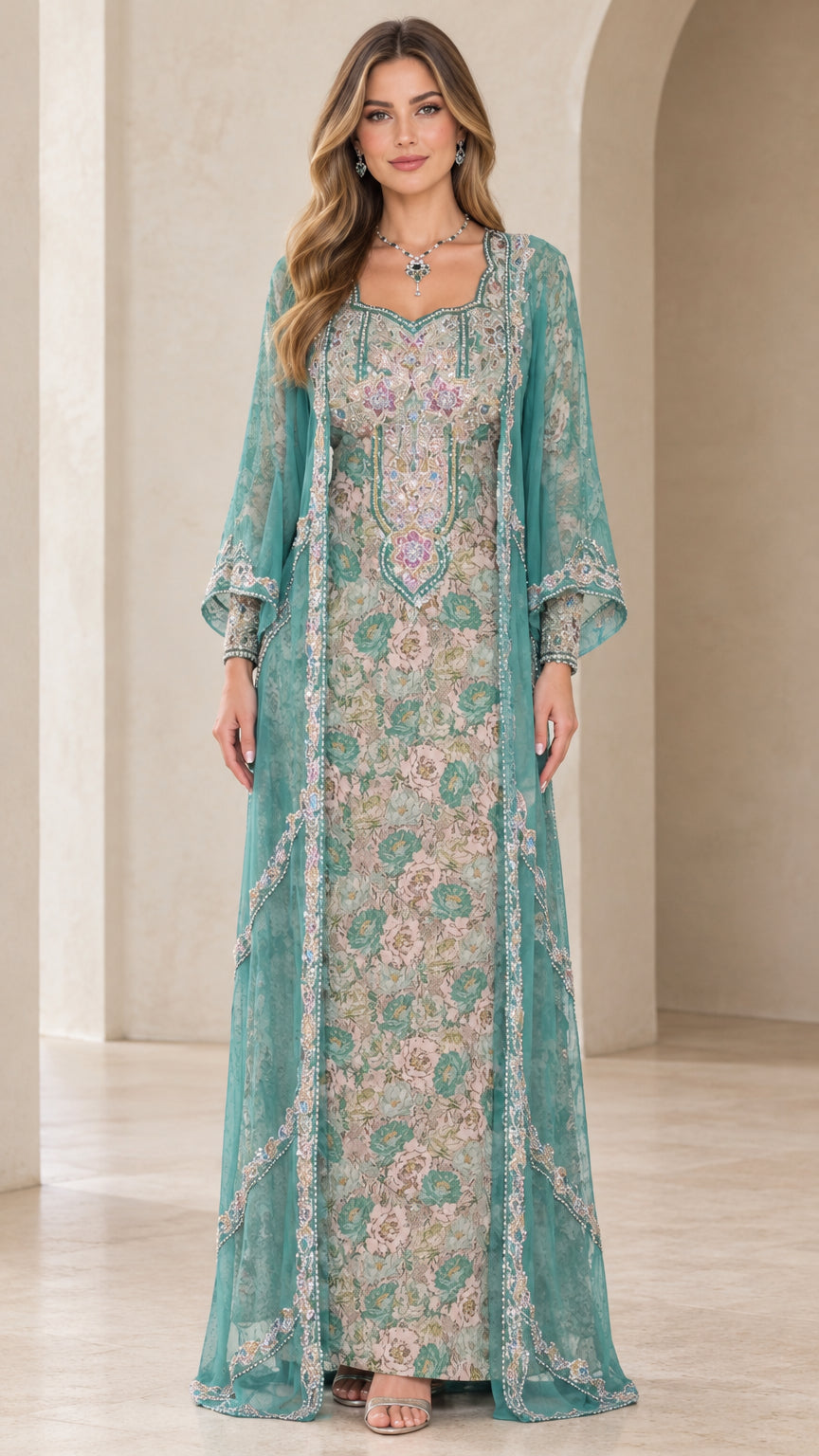 Teal floral embroidered layered kaftan maxi dress front view