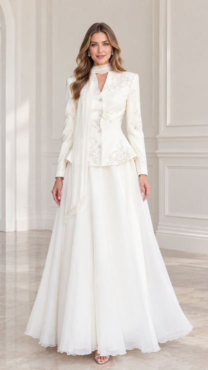 Front full-length view of Ivory embroidered peplum evening gown set with draped scarf