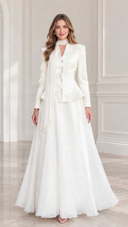 Front full-length view of Ivory embroidered peplum evening gown set with draped scarf