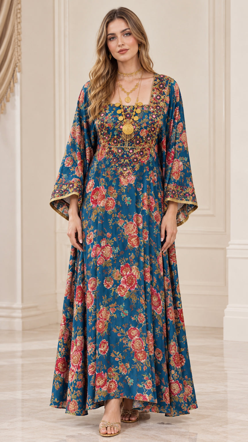 Front view of woman wearing peacock blue floral maxi dress with embroidered square neck and bell sleeves