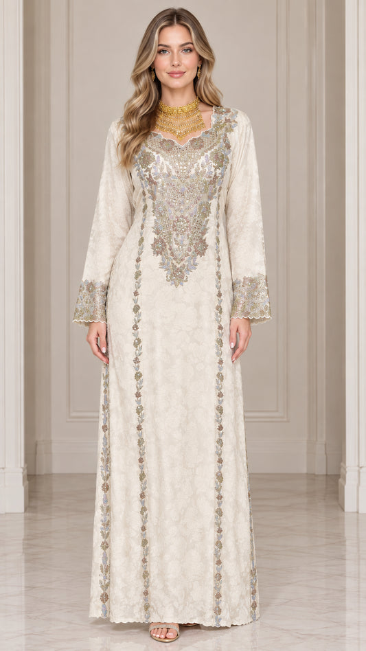 Front full-length view of woman wearing ivory embroidered long sleeve maxi kaftan dress