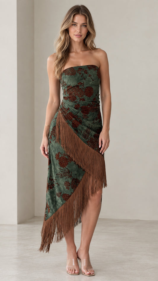 Olive Green strapless floral midi dress with asymmetric brown fringe trim - front view