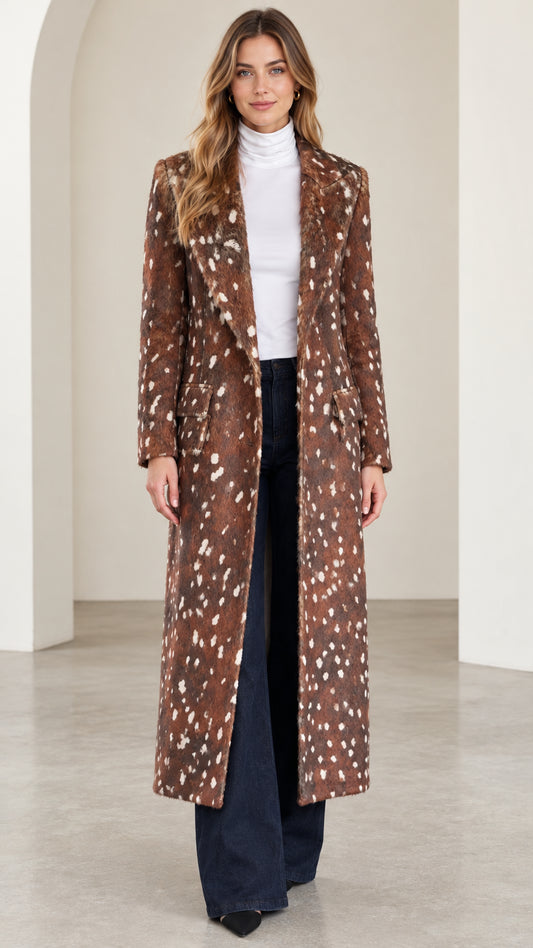 Front full-length view of woman wearing brown speckled tailored maxi coat