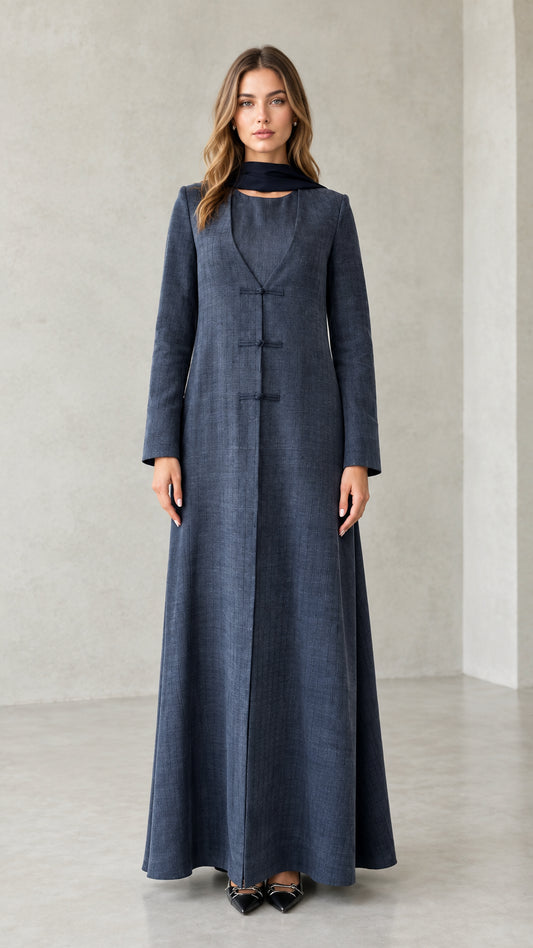Front view of model wearing Slate Blue textured long sleeve maxi coat dress with matching scarf