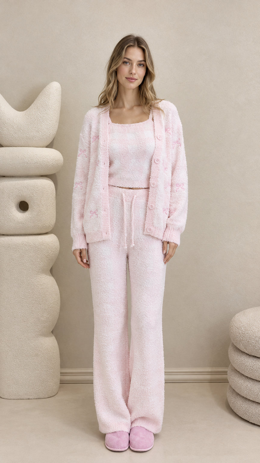 Full front view of women's pink 3-piece fuzzy knit lounge set with cardigan, cami, and pants