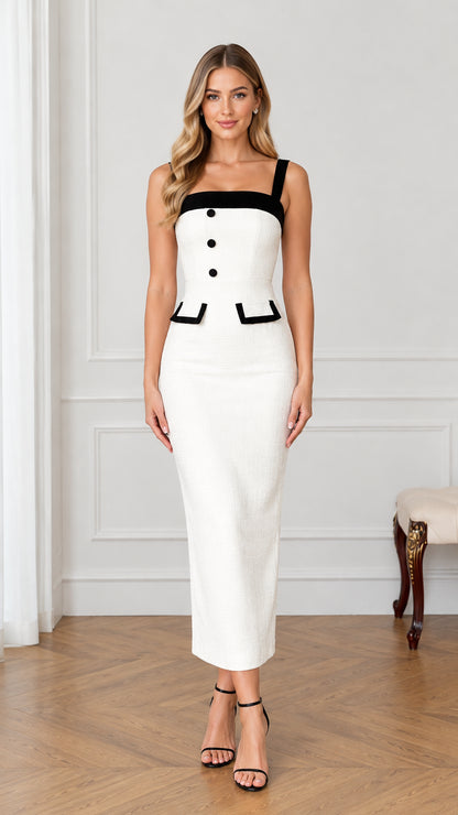 White square neck tweed midi sheath dress with black contrast straps front view