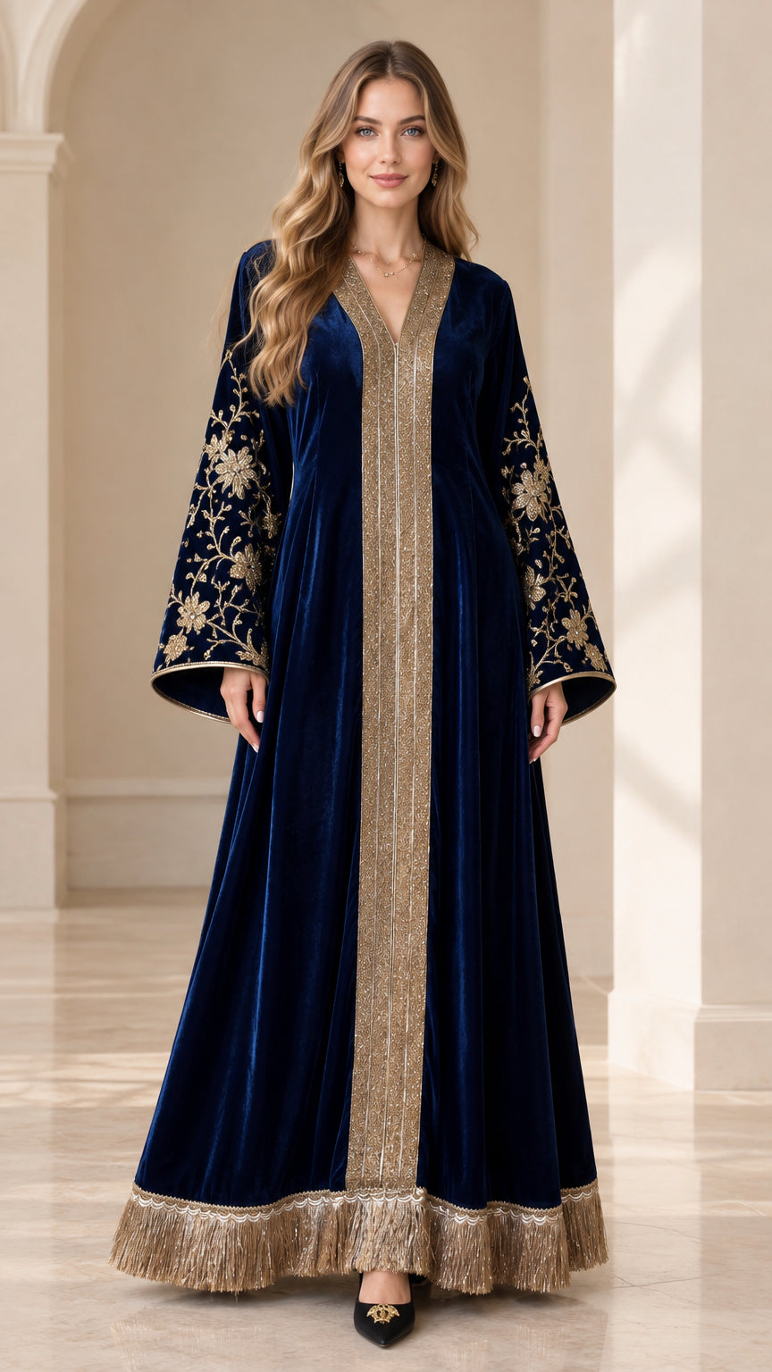 Front view of woman wearing navy blue velvet embroidered kaftan maxi dress