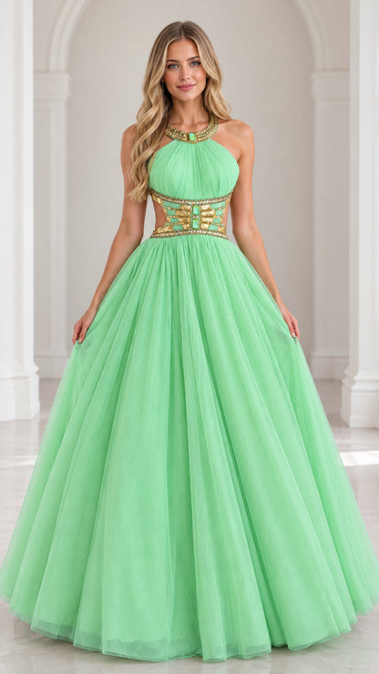 Front view of model wearing mint green halter beaded cutout tulle ball gown