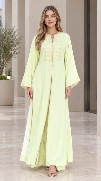 Light green embroidered kaftan maxi dress with wide bell sleeves front view
