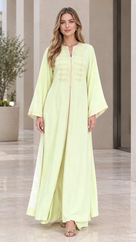 Light green embroidered kaftan maxi dress with wide bell sleeves front view