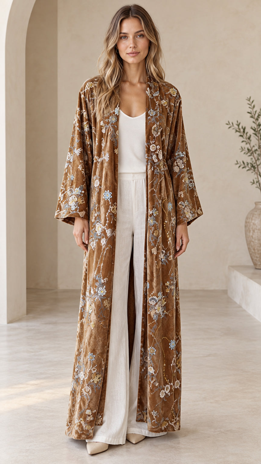 Front view of model wearing a Camel Brown floral embroidered velvet maxi kimono duster