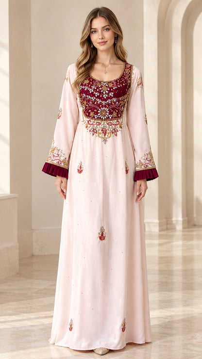 Full front view of model wearing Blush Pink embroidered velvet yoke kaftan maxi dress
