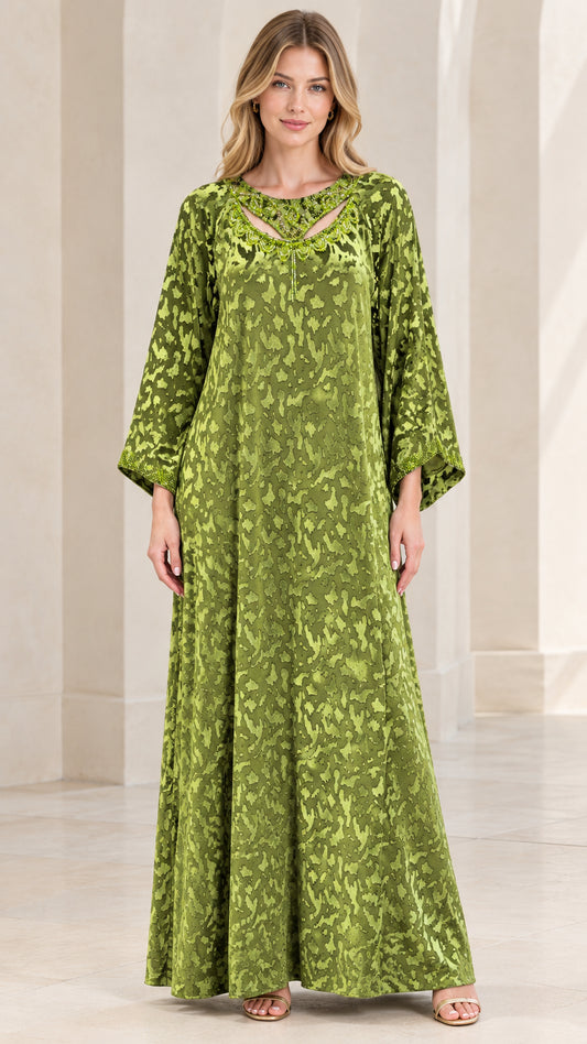 Full front view of Olive Green textured velvet kaftan maxi dress with beaded cutout neckline