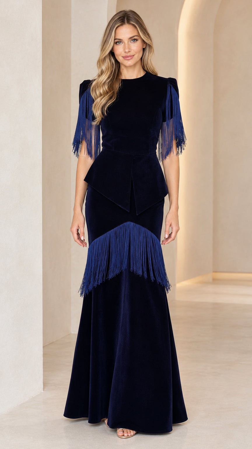 Full front view of navy blue velvet fringe peplum evening maxi dress