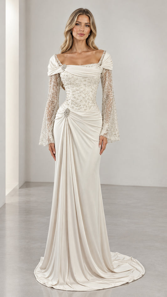 Ivory formal evening gown with beaded lace bodice and draped waist front view