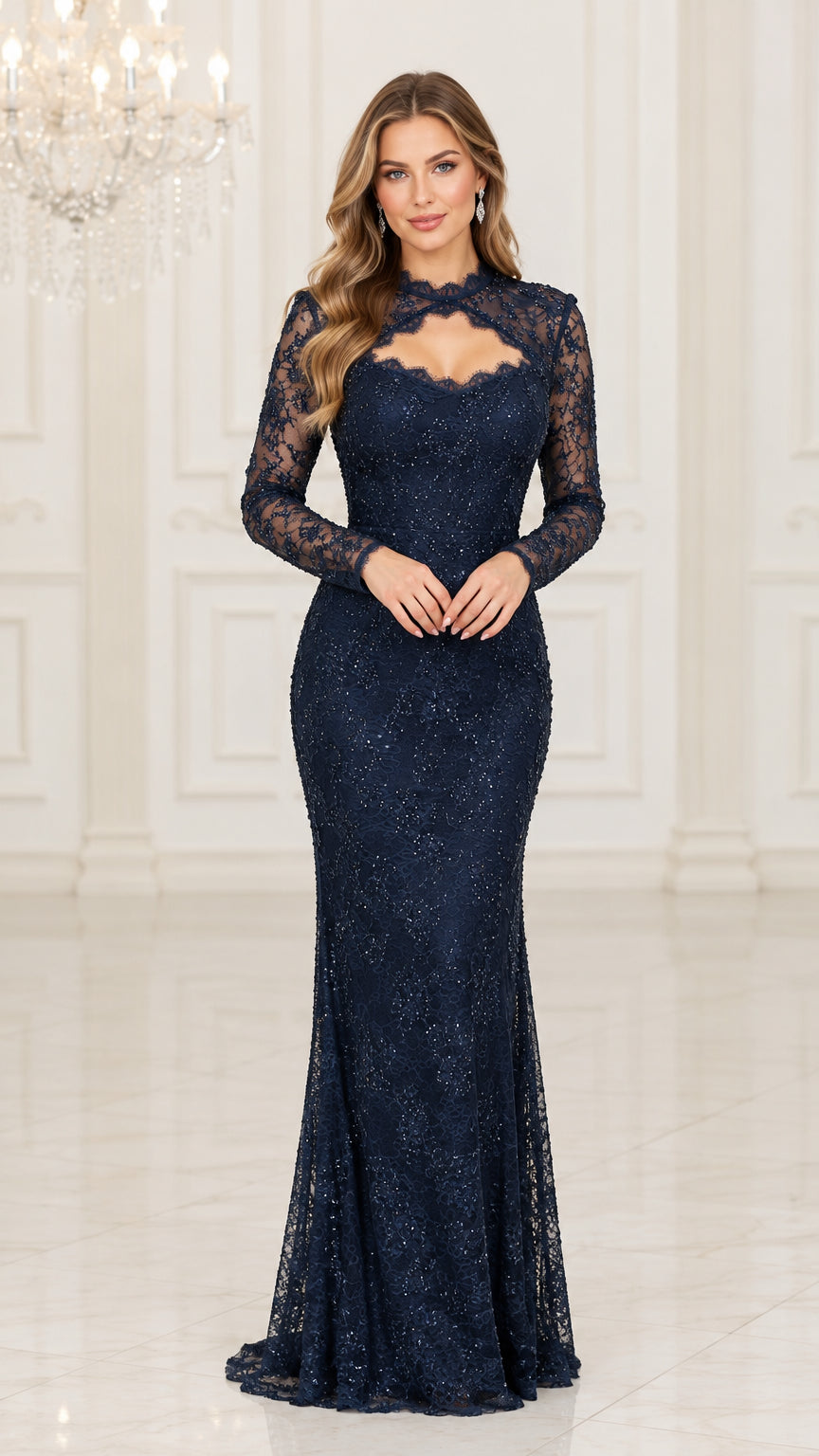 Navy Blue high neck sequin lace long sleeve evening gown front view