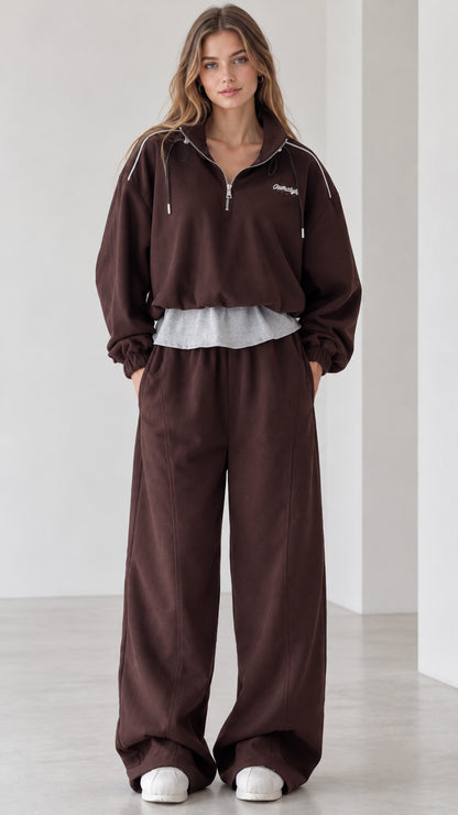 Front full view of women's chocolate brown half-zip layered pullover and wide-leg tracksuit set