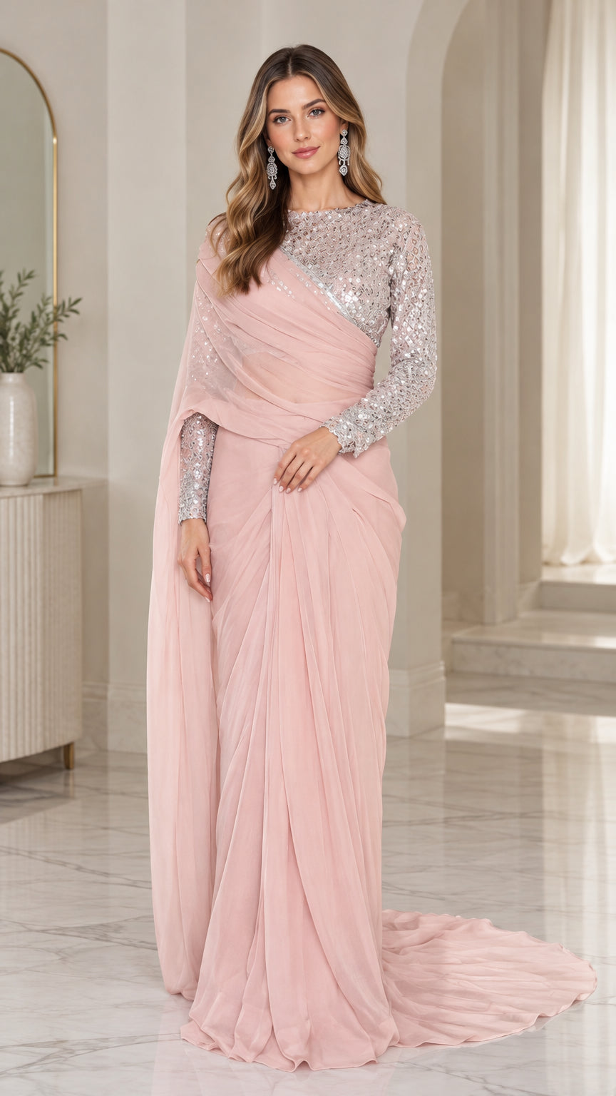 Blush pink sequin long sleeve draped evening gown front view