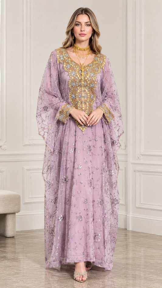 Lavender embroidered kaftan maxi dress front view with gold neckline detailing