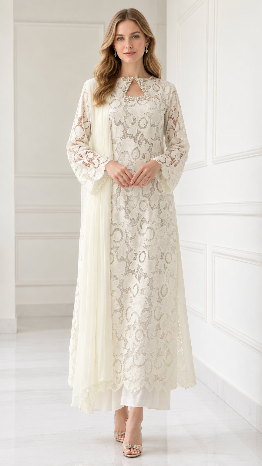 Front full view of Ivory beaded floral lace long tunic set with trousers and scarf