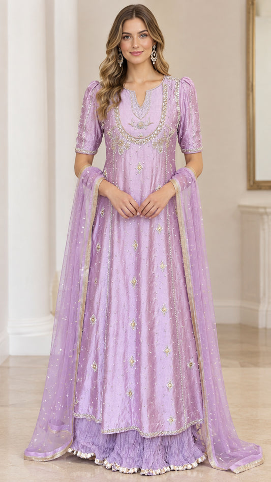 Front full-length view of lavender embroidered anarkali gown set with matching dupatta