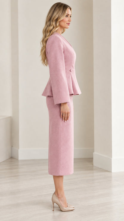 Side profile of dusty pink peplum skirt suit set