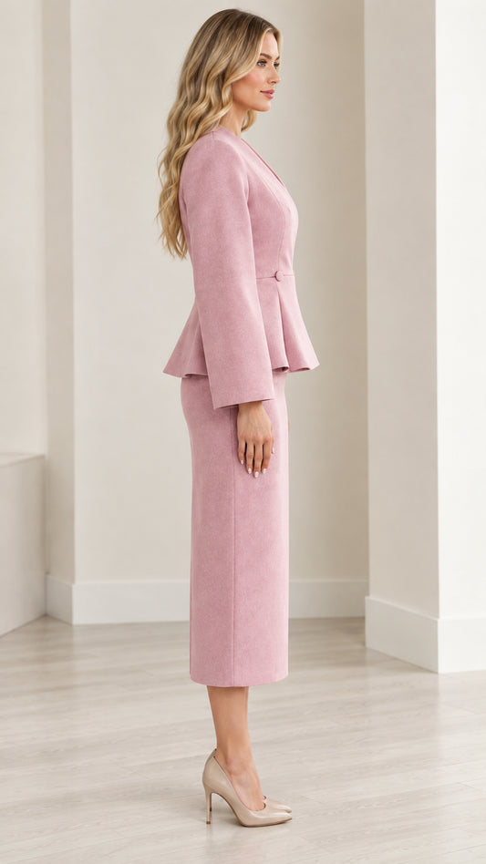 Side profile of dusty pink peplum skirt suit set