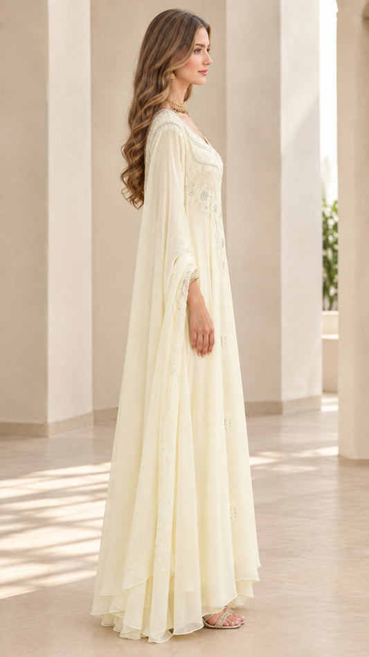 Side angle view of flowing ivory cape sleeve maxi dress
