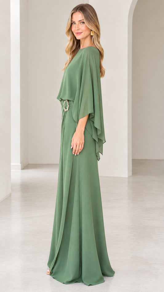 Sage green capelet formal jumpsuit side view showcasing flowing drape