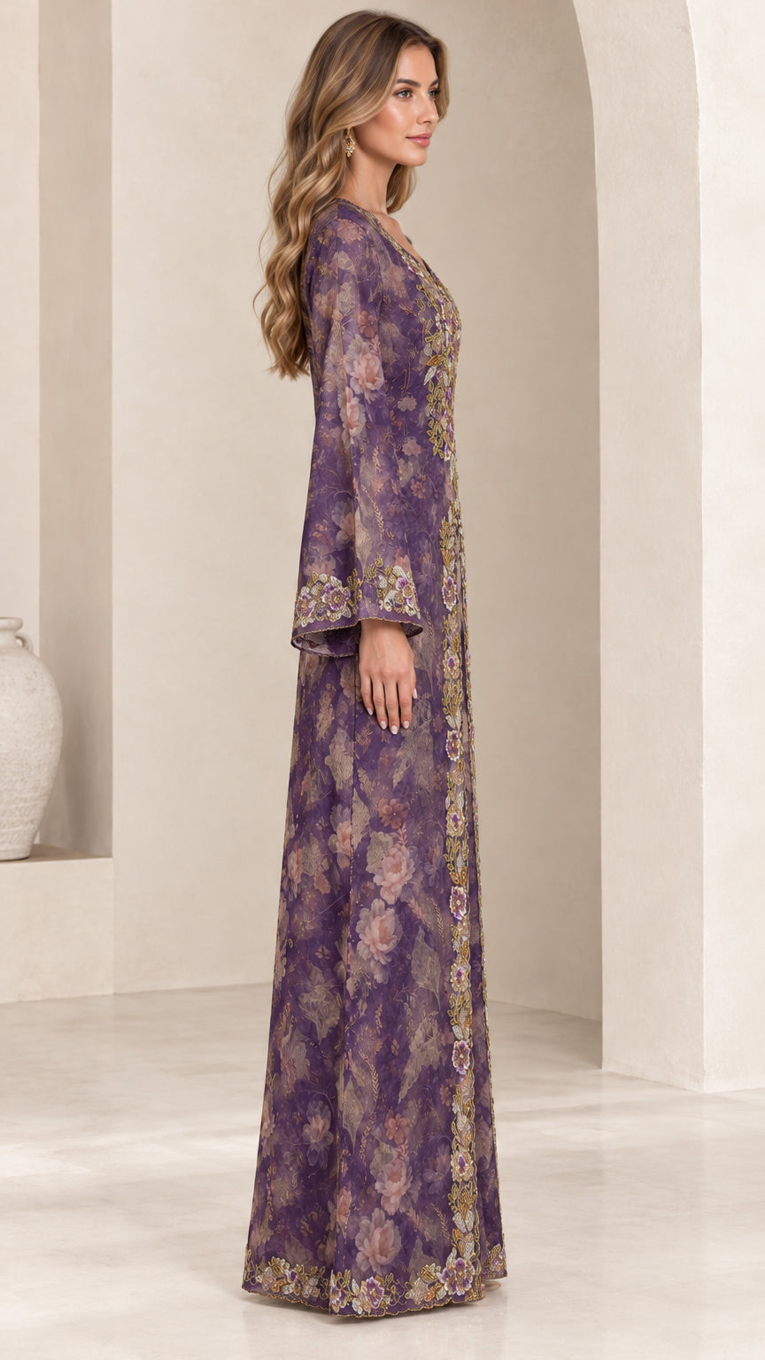 Side profile view of purple floral embroidered floor-length dress