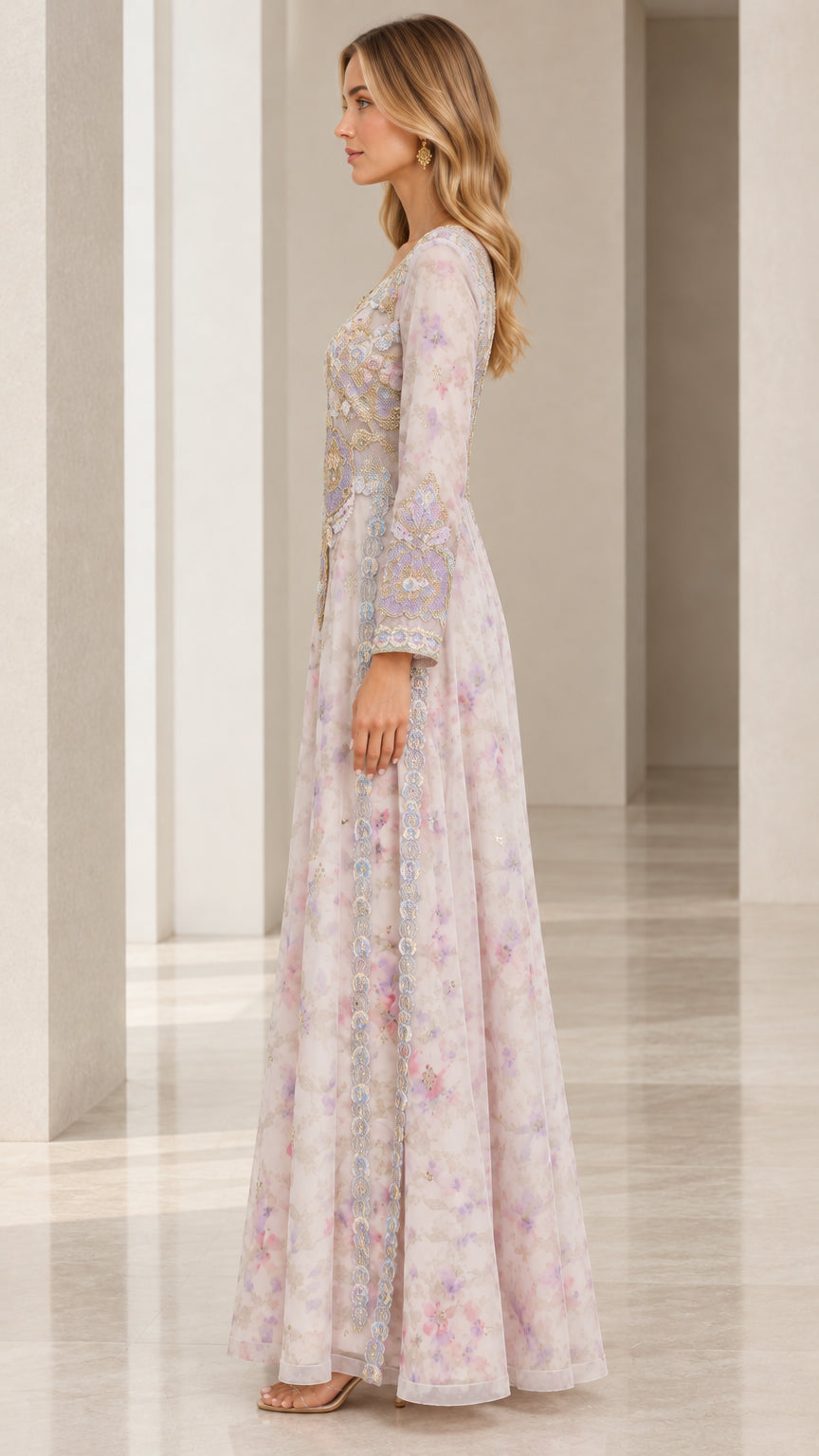 Side profile view of blush lilac embroidered A-line formal gown