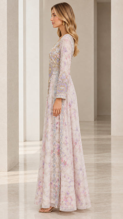 Side profile view of blush lilac embroidered A-line formal gown